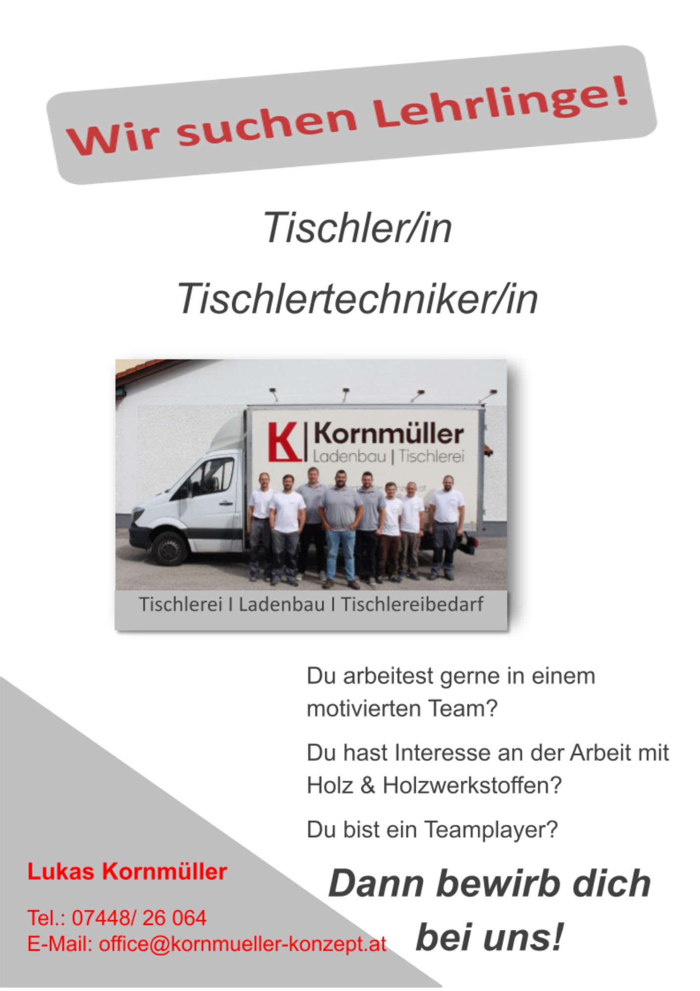 Lehrlingsinserat | Tischler - Kornmüller