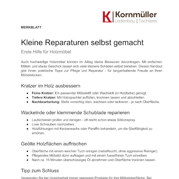 Erste Hilfe für Holzmöbel - Merkblatt der tischlerei Kornmueller-Konzept