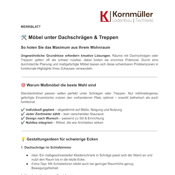 Möbel unter Dachschrägen und Treppen - Merkblatt