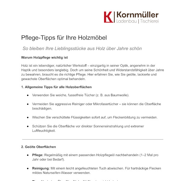 Pflege-Tipps für Ihre Holzmöbel - Produktinformation von der Tischlerei Kornmueller-Konzept