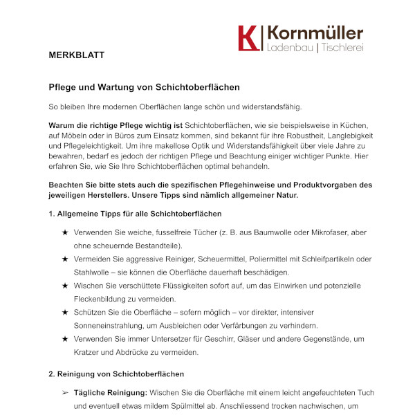 Pflege und Wartung von Schichtoberflächen - Merkblatt von der Tischlerei Kornmueller-Konzept