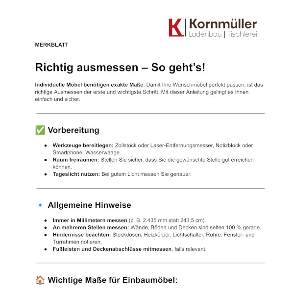 Richtig ausmessen - so gehts! Merkblatt von der Tischlerei Kornmueller-Konzept