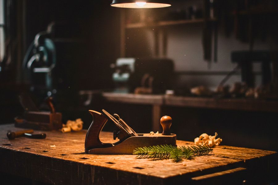 Weihnachtsurlaub der Tischlerei Kornmueller-Konzept - Werkbank mit Hobel und Tannenwedel