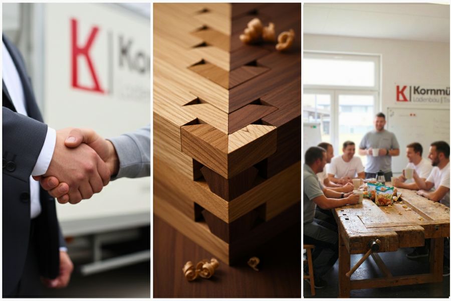 Weihnachtsurlaub der Tischlerei Kornmueller-Konzept - Ein Handschlag mit einem Kunden, eine Detailaufnahme einer perfekten Holzverbindung und das Team beim gemeinsamen Kaffee