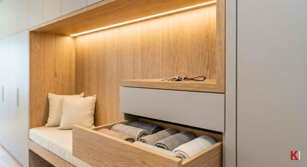 Die Garderobe als Sitzbank. Daneben alles gut sortiert im Schubladen.