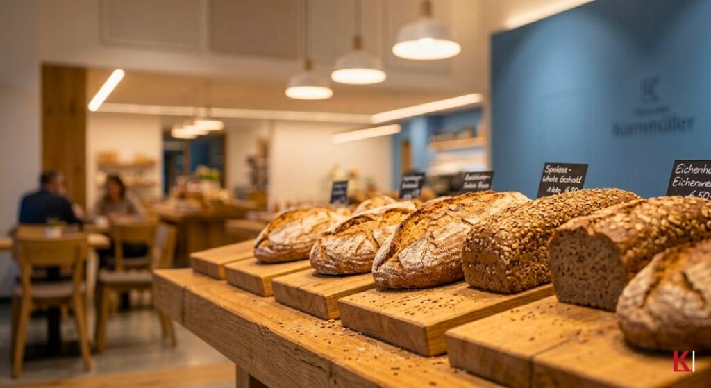 Ladenbau mit Profil 3 Ladenbau - Kornmüller-Konzept. Nahaufnahme einer Bäckereitheke.
