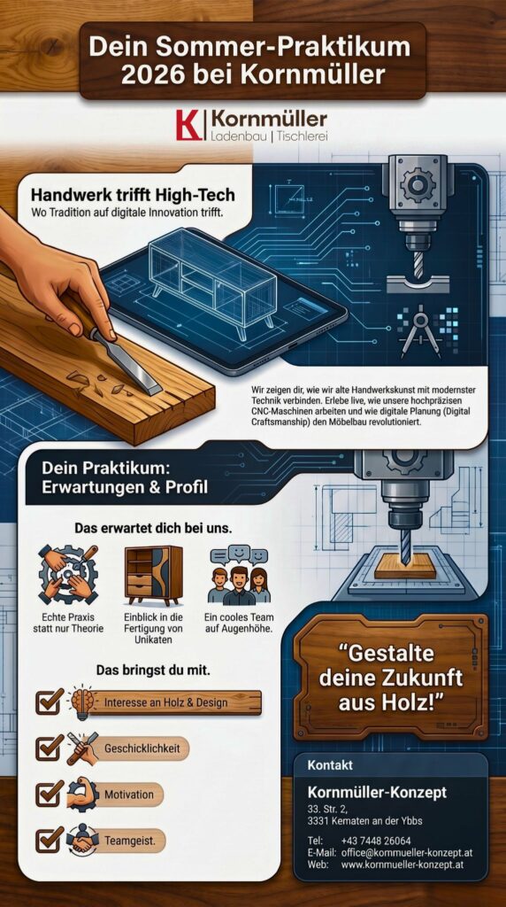 Dein Sommer-Praktikum 2026<br>bei der Tischlerei Kornmüller! 1 Sommer-Praktikum 2026 - Infografik