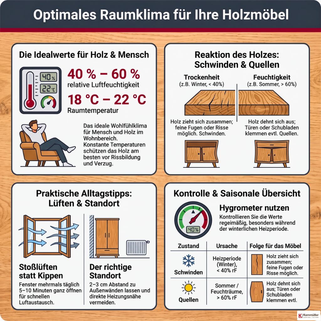 Raumklima für Holzmöbel: Luftfeuchte & Pflegetipps 1 Optimales Raumklima für Ihre Holzmöbel - Eine Infografik der Tischlerei Kornmüller