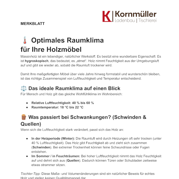 Optimales Raumklima für Ihre Holzmöbel - Ein Merkblatt der Tischlerei Kornmüller